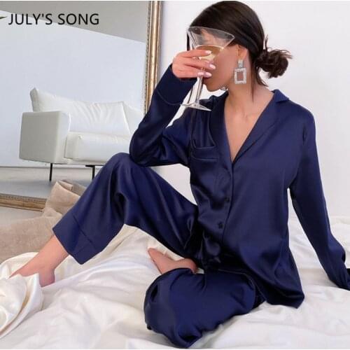 JULYS SONG Faux Silk Pajamas Set 2 Pieces Solid Color Simple Lapel Women V-neck Spring Autumn Satin Loose Female Sleepwear