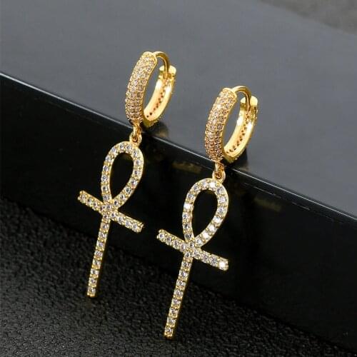 Hip Hop 1Pair Iced Zircon Ankh Cross Earring Gold Color Micro Paved AAA Bling CZ Stone Earrings for Men Jewelry Stud Earrings
