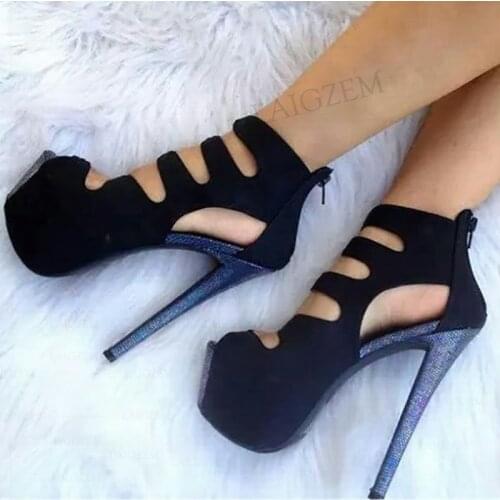 SEIIHEM SUPER Women Platform Pumps Faux Suede Back Zip High Heels Sandals Patchwork Ladies Shoes Woman Large Size 41 44 47 52