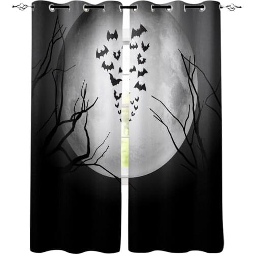Night Full Moon Moon Bat Window Curtains Living Room Kitchen Curtains for Bedroom Left and Right Biparting Open Curtains