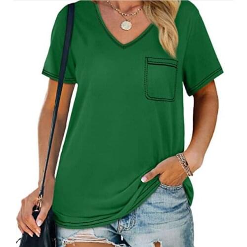 Summer T Shirt Women The New Ladies 2021 V Collar Short Sleeve Pocket T-shirt Girl Female Tee Tshirts Dropshipping BYT2120