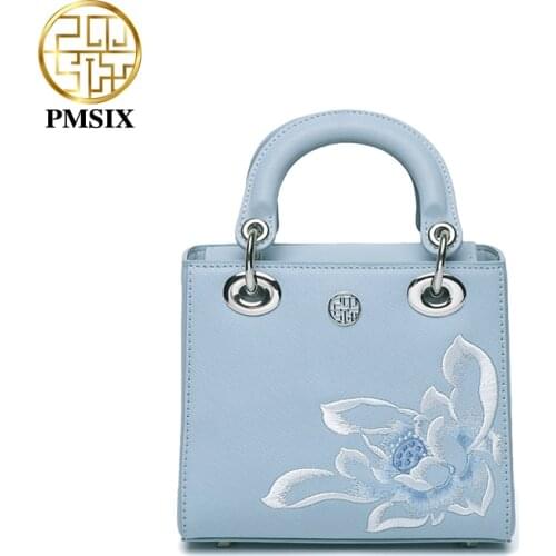 PMSIX Ladies Square Leather Handbags Elegant Flower Embroidery Shoulder Crossbody Bags Fashion Small Light Women Blue Handbag