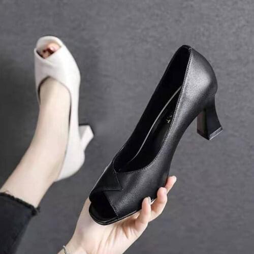 Womens Shallow Thick Heel Spring and Autumn 2021 New Womens Shoes Soft Leather Fish Mouth High Heels Small Leather Shoes