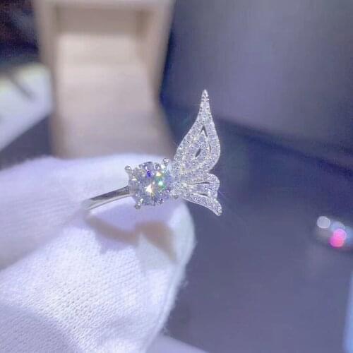 925 Silver Hearts And Arrows Angel Wing Ring 1 Carat Imitation Moissan Diamond Engagement Adjustable Ring For Women Fine Jewelry