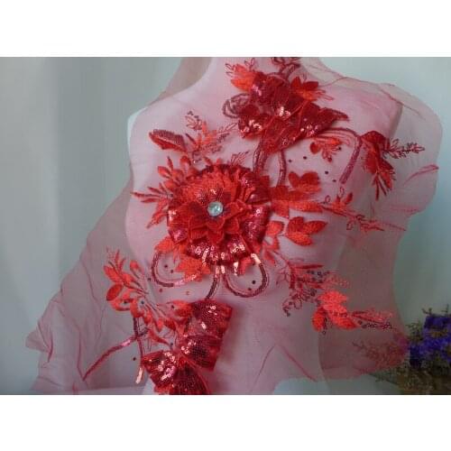 1 Piece 28.5cm Width Purple/Red/Blue Flower With Rhinestone Lace Trim Sequined Wedding Fabric For Dress Decor Sewing Applique