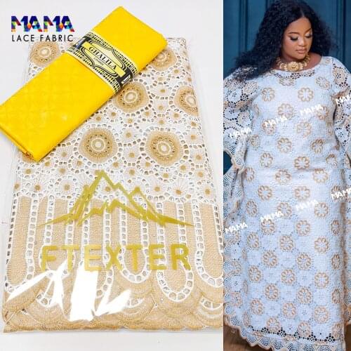 2.5+ 2.5 Yards 2021 High Quality African Lace Fabric 100% Cotton Swiss Voile Lace With Bazin Riche Original Brocade For Wedding