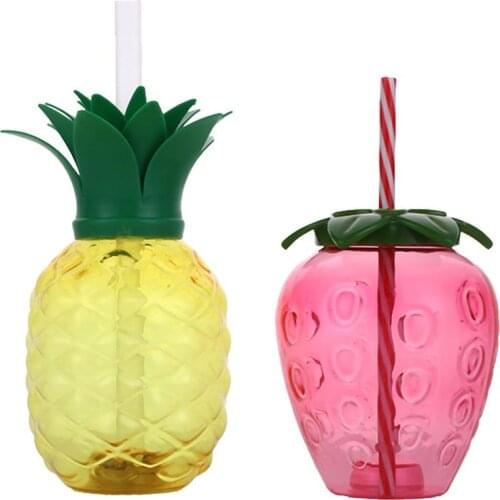 2pcs Pineapple And Strawberry Plastic Drinking Cups Party Cup With Lid And Straw Kitchen Drinking Tool