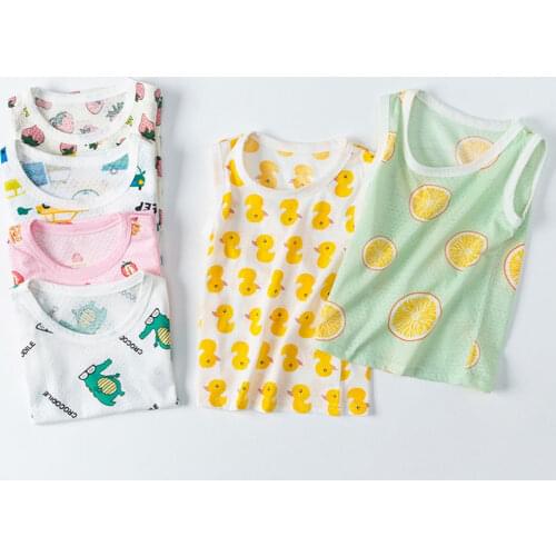 2021 Summer Girls Boys Tops For Teens Casual Sleeveless Cotton Vest Kids Hollow Out Cartoon Printed T-shirt Childrens Clothing