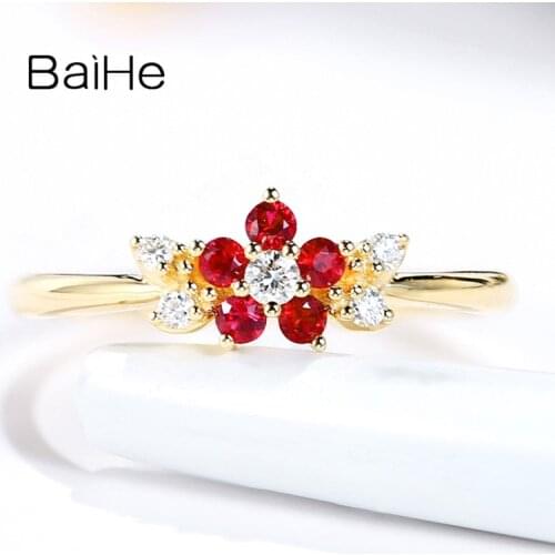 BAIHE Solid 14K Yellow/Rose Gold 0.15ct Natural Rubis 0.08ct Natural Diamond Fine Jewelry Wedding Flower Ruby Diamond Ring