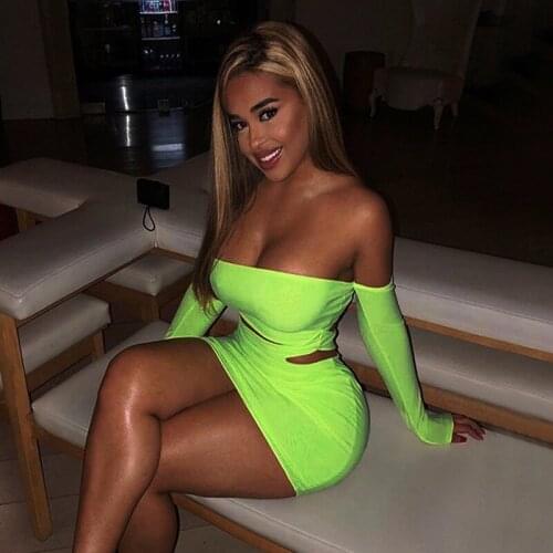BKLD Neon Green Dress Women Long Sleeve Off The Shoulder Sexy Dress 2020 New Spring Hollow Out Solid Party Nightclub Dress Women