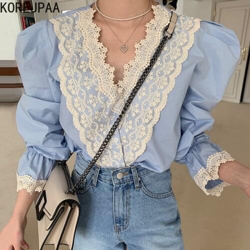 Korejpaa Blouse Women Korean Chic Elegant Soft Blue V-neck Office Lady Lace Hook Stitch Loose Single Breasted Puff Sleeve Shirt