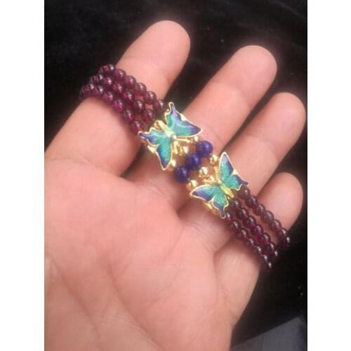 Pretty Hand Weave 3 row Round Shape Natural Red Garnet Gems Elasticity scalewing Bracelets