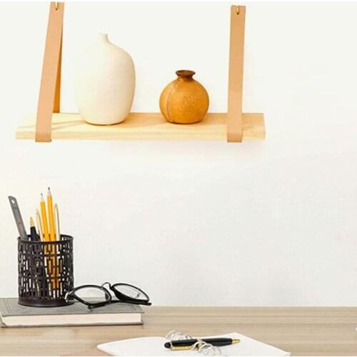 E8BD Wall Wood Floating Frame Storage Holder Hanging Shelf Leather Strap Swing Decor