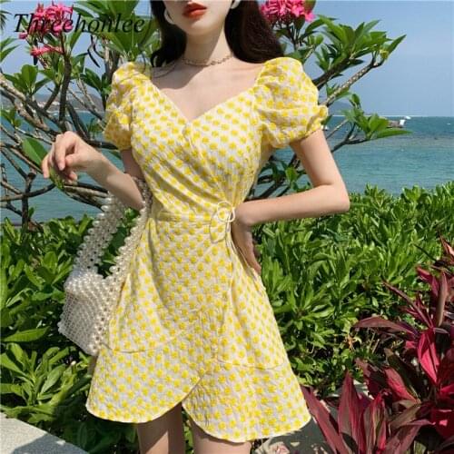 Summer Korean Print Elegant Women Dress 2021 Sweet Fairy Kawaii Party Female Designer French Casual Beach Korean Mini Dress