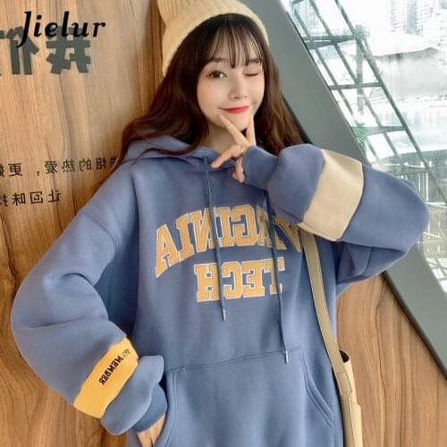 Jielur Korean Fashion Green Blue Womens Sweatshirt New Loose Letter Embroidery Tracksuit Winter Fleece Hoodies Female Warm M-XL