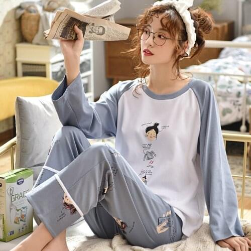 KISBINI Spring Autumn Pajamas Set For Women Cartoon Printed Pjs Long Sleeve O-Neck Cotton Lady Homewear Pyjamas Set XXL