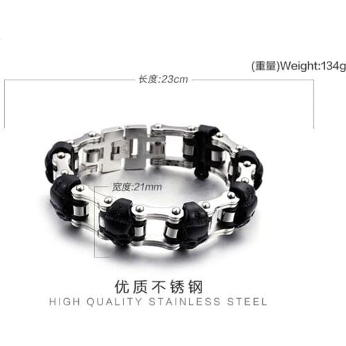 Classic Titanium Stainless Steel Silver Color And Black Skeleton Skull Motorcycle Chain Mens Bracelet Bangle Vintage 9"*21mm