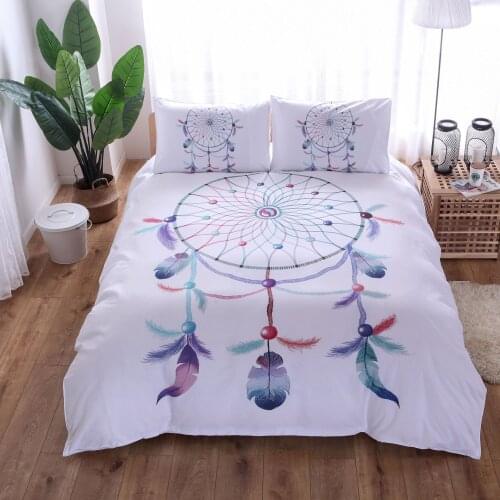 Circular Dreamcatcher Bedding Set Pink Sky Blue Duvet Cover Watercolor Feather Bed Set Soft Microfiber Bedclothes White Decor