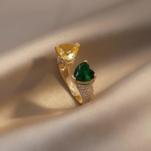 Korea New Design Fashion Jewelry Green Yellow Heart Shaped Zircon Ring Elegant Womens Open Adjustable Ring