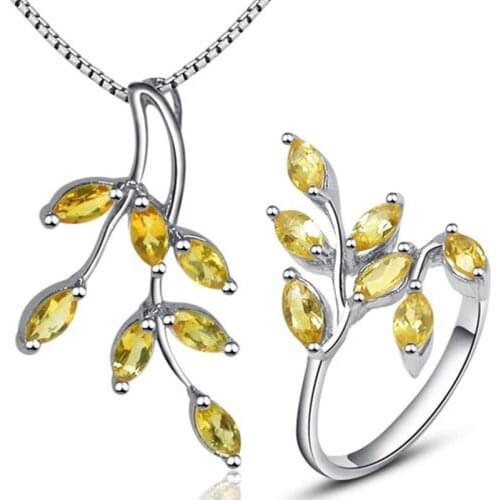 Beautiful Leaf Shape Yellow Crystal Jewelry Sets Ring Pendant Necklace Pure 925 Silver Citrine Peridot Fine Jewelry for Party