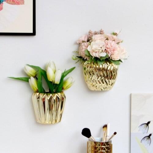 Creative European-style Golden Wall-mounted Ceramic Vase Wall Decoration Hydroponic Plant Flower Pot Crafts