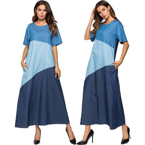 Summer Women Long Dress Denim Patchwork Maxi Dresses Loose Kaftan Muslim Abaya Turkish Caftan Islamic Clothing Dubai Robe Jilbab