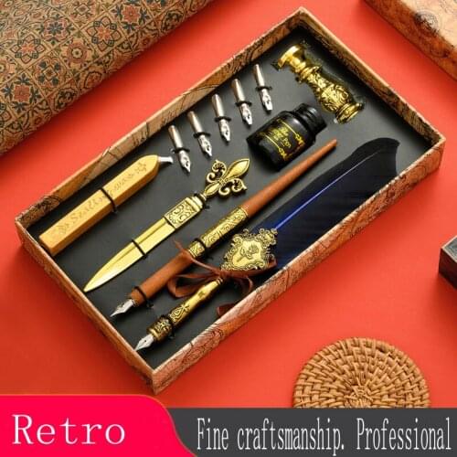 Creative luxury dip pen set retro sprinkle golden feather pen office signature fountain pen 17PCS nib replaceable birthday gift