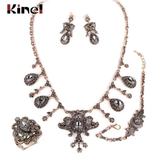 Kinel Luxury 4Pcs Gray Crystal Bridal Wedding Jewelry Sets Antique Gold Turkey Earring Necklace Bracelet Ring For Women Gift