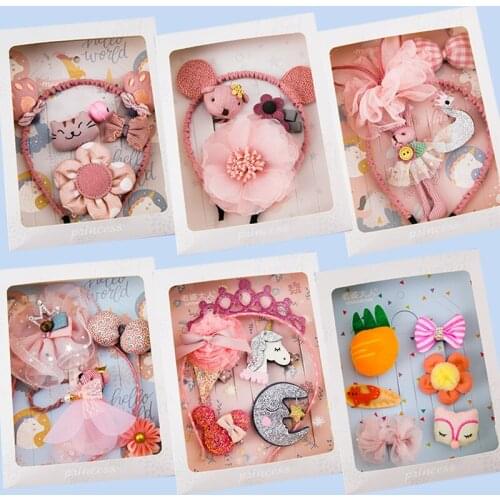 Girls Hair Accessories Set Kawaii Kinder Headwear Clips Bow Flower Unicorn Hairpins Cartoon Elastic Headband Birthday Gift Box