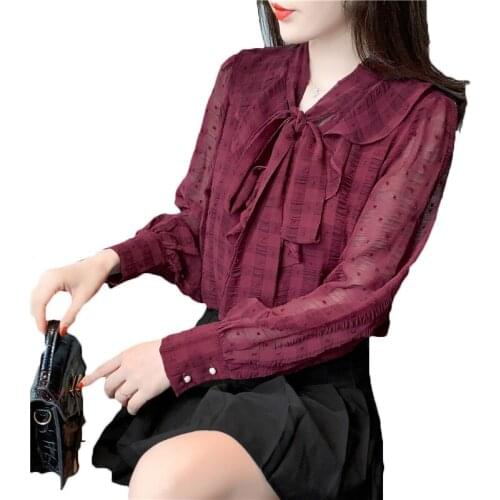 2021 New Temperament Blouse Womens Long-sleeved Thin Chiffon Shirt Spring Summer Womens Bow Tie Shirts 144b