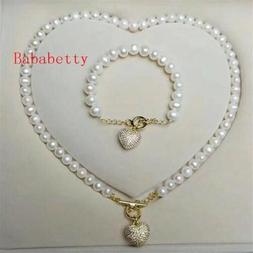 New natural freshwater cultured pearl necklace Bracelets 8-9MM AA set Heart-shaped clasp no box 001