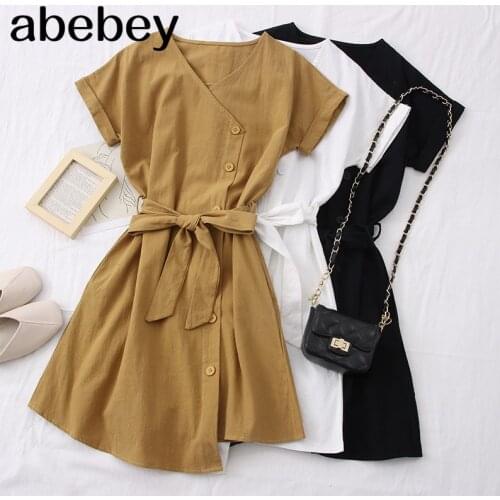 2021 New Summer French All-match V-neck single breasted Dress waist strap irregular short sleeve Dress short A-line Dress