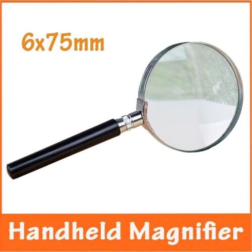 6X75mm Handheld Magnifier Portable Loupe Reading Glass with Metal Frame and Plastic Handle for Old Man Reading Newspaper