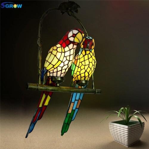 SGROW Hand-made Glass Parrot Lampshade Pendant Light for Dining Room Garden Aisel 2 Heads Tiffany Led Lamp Art Lighting Fixtures