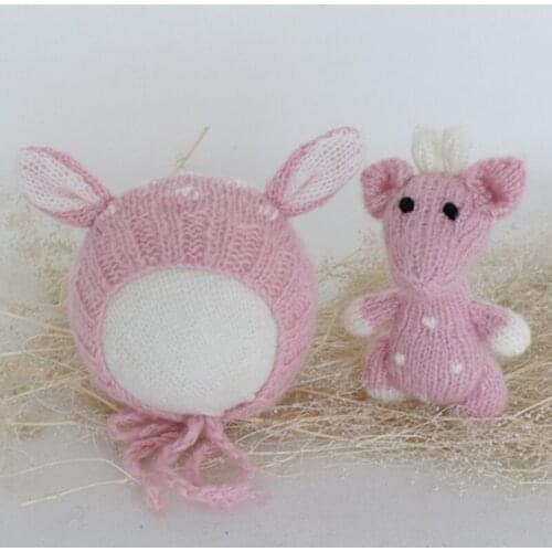 Knitted Mini Reindeer Toy Baby Christmas Deer Hat Set Crochet Newborn Animal Toy Baby Photography Props Stuffed Deer Doll Bonnet