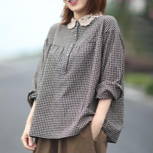 Johnature 2021 Autumn New Loose Retro Plaid Peter Pan Collar Button Long Sleeve Shirt Cotton Linen Comfortable Women Tops Shirts