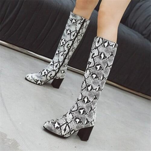 PXELENA NEW Snake Print Women Riding Knight Motorcycle Biker Combat Boots Mid Calf Block Chunky High Heels Shoes Plus Size 34-43