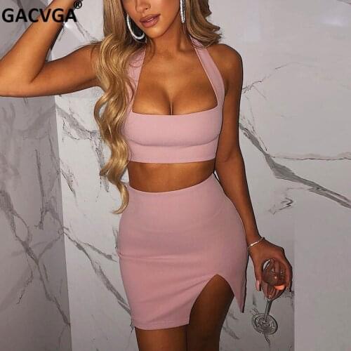 GACVGA Two Piece Set Women Pink Halter Sleeveless Crop Top Split Bodycon Skirt and Top Set Party Wear Sexy Club Outfits 2020