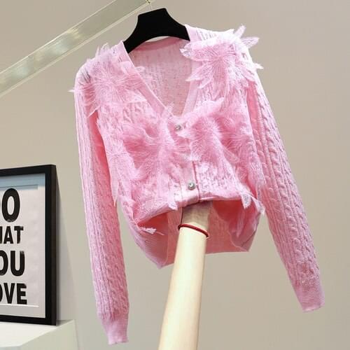 Cardigan Women Autumn New Lace Stitching High Waist Short Sweater Long Sleeve Rhinestone Buckle Knitted Coat Veste Femme