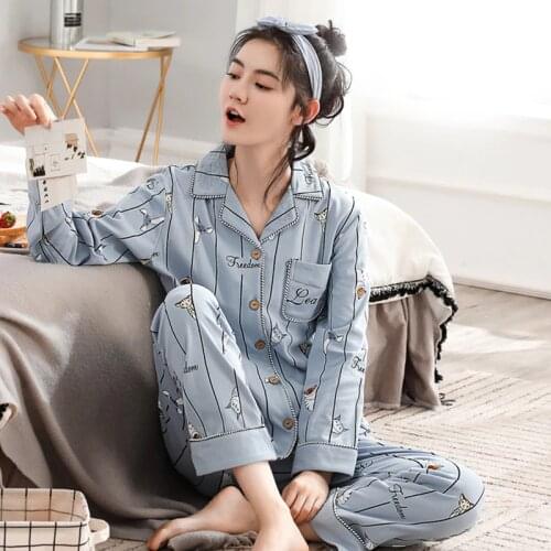Women Pure Cotton Pajamas Set Spring Autumn Long Sleeve Cat Stripe Print Ladies Pyjamas Set Nightwear