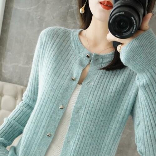2021 New Spring Autumn Round Neck Cashmere Women' Knitted Cardigan Wild Pure Wool Jacket Loose Base Long-Sleeved Sweater Outside