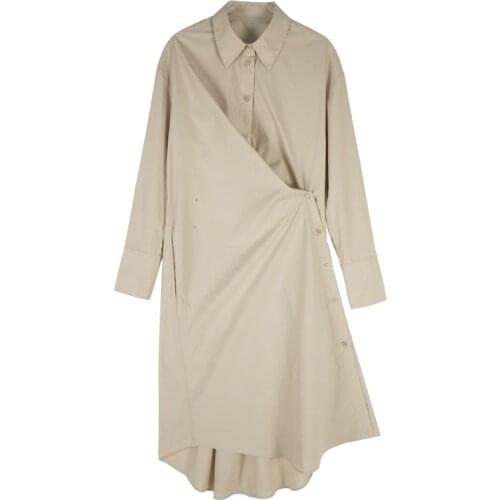 Women Dress 2021 Summer New Product Solid Color Lapel Shirt Oblique Button A-line Mid-length Dress Women