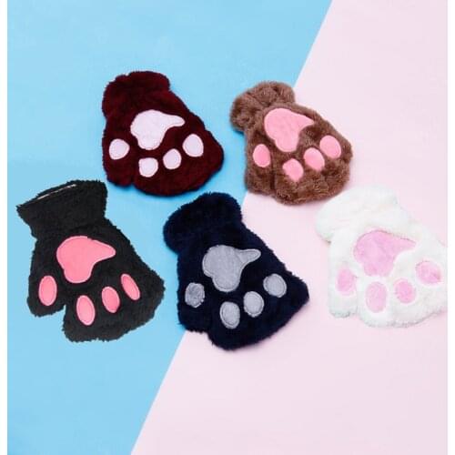20121 Winter Lovely Women Bear Cat Claw Paw Mitten Plush Gloves Short Finger Half Gloves Ladies Half Cover Female Gloves