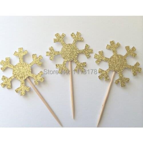 Gold Glitter snowflake Cupcake Toppers with Bright Pink Bow Garden Party Decor. picks Birthday wedding bridal baby shower