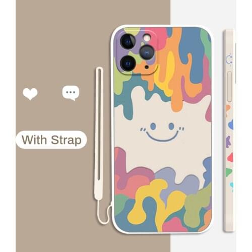 Smile Face Phone Case With Strap Rope For iPhone 11 12 Pro Max XR X XS 7 8 Plus Soft Silicone Cartoon Watercolor Ice Cream Cover