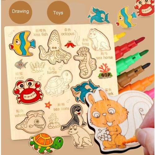 Wooden children learn to draw tools cartoon animals graffiti coloring painting puzzle gomoku educational toys for boys and girls