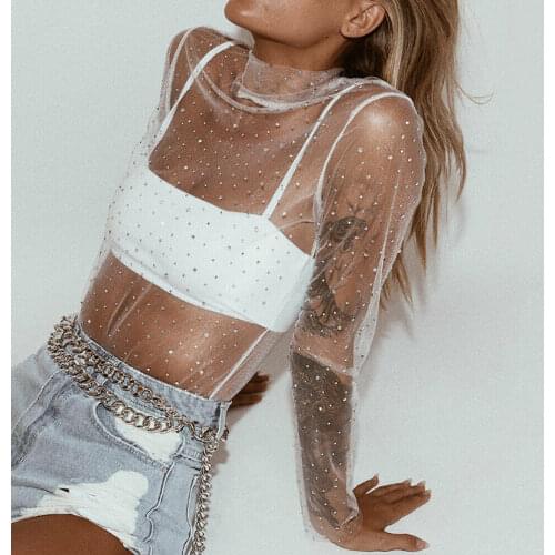 Sexy Solid Color See Through Transparent Bling Long Sleeve Turtleneck T-shirt Summer Casual Female Streetwear Clubwear Hot Sale