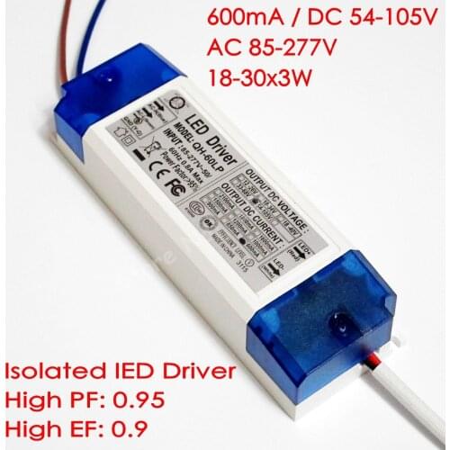 High Power Isolated 600mA 18-30x3W DC 54V - 105V Led Driver 30W 40W 50W 60W Power Supply AC 110V 220V for LED lights