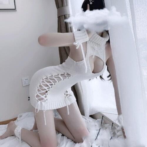 JIMIKO new knitted tight-fitting miniskirt hollow sexy underwear woman sex temptation sweater student uniform cosplay costumes