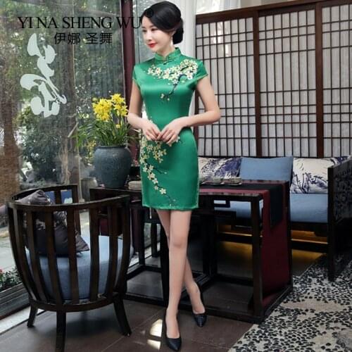 Qipao Chinese Dresses Traditional Dress For Women Qipao Short Vintage Flower Print Green Color Style Cheongsam Party Wear S-2XL